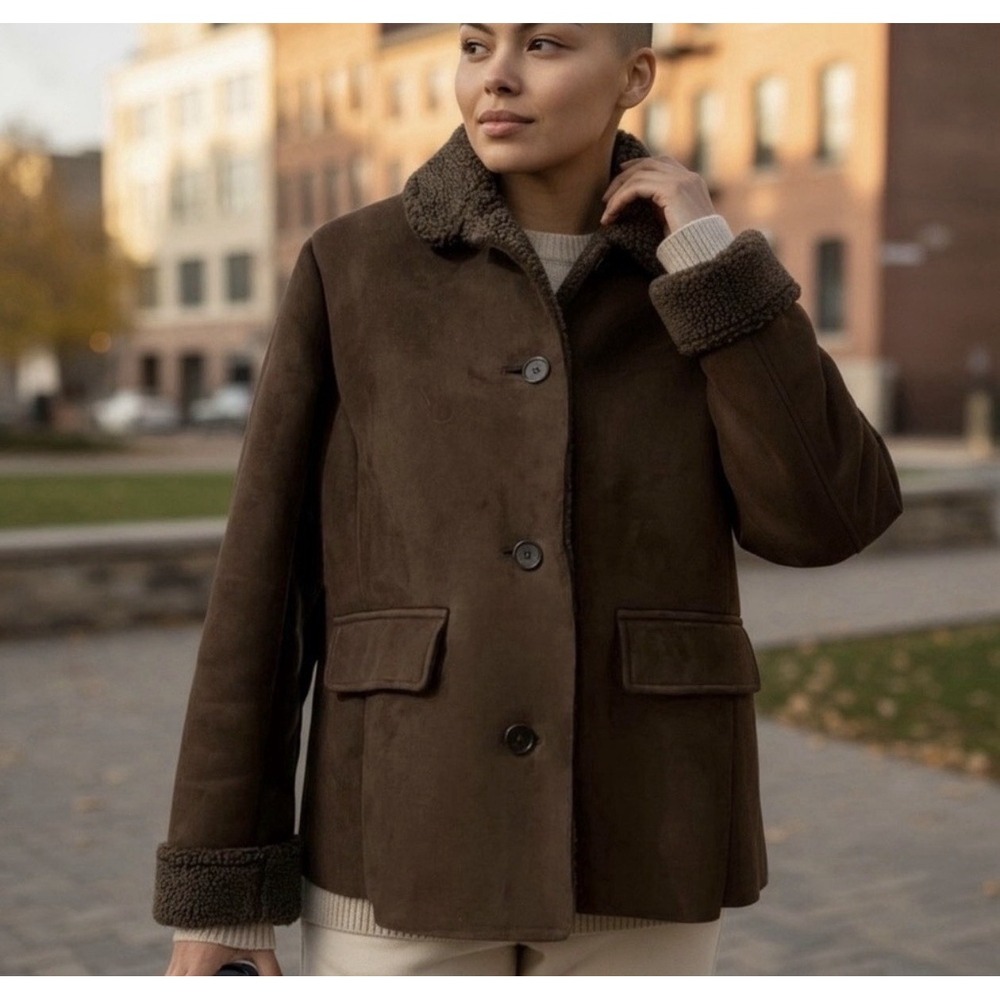 Lands End Brown Faux Suede Sherpa Lined Winter Coat Jacket Womens Small